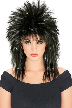 Black Superstar Costume Wig with Silver Tinsel