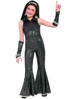 Girls Black 70's Disco Jumpsuit Costume