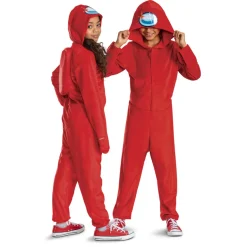 Kids Among Us Red Impostor Hooded Jumpsuit Costume