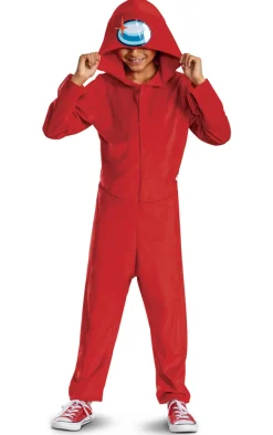 Kids Among Us Red Impostor Hooded Jumpsuit Costume