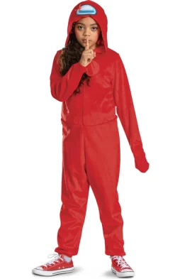 Kids Among Us Red Impostor Hooded Jumpsuit Costume