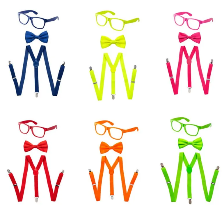 Kids Neon Suspender, Bowtie, & Glasses Accessory Set