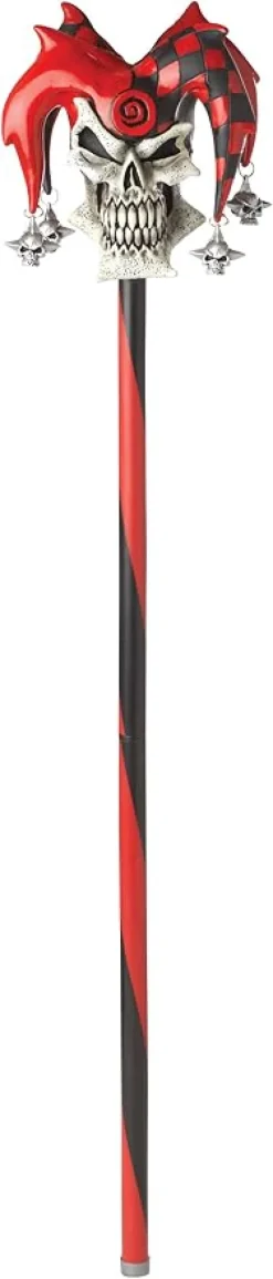 Red and Black Psycho Jester Skull Cane Costume Prop Accessory