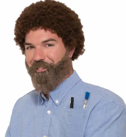 80's Bob Ross Curly Brown Wig Beard & Moustache Costume Kit