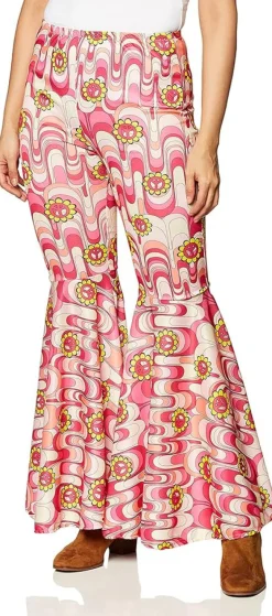 Womens Pink Flower Power Bell Bottom Hippie Costume Pants
