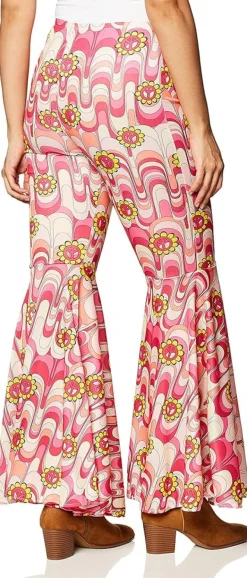 Womens Pink Flower Power Bell Bottom Hippie Costume Pants