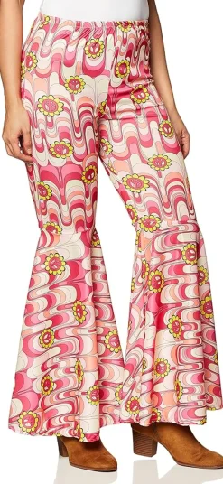 Womens Pink Flower Power Bell Bottom Hippie Costume Pants